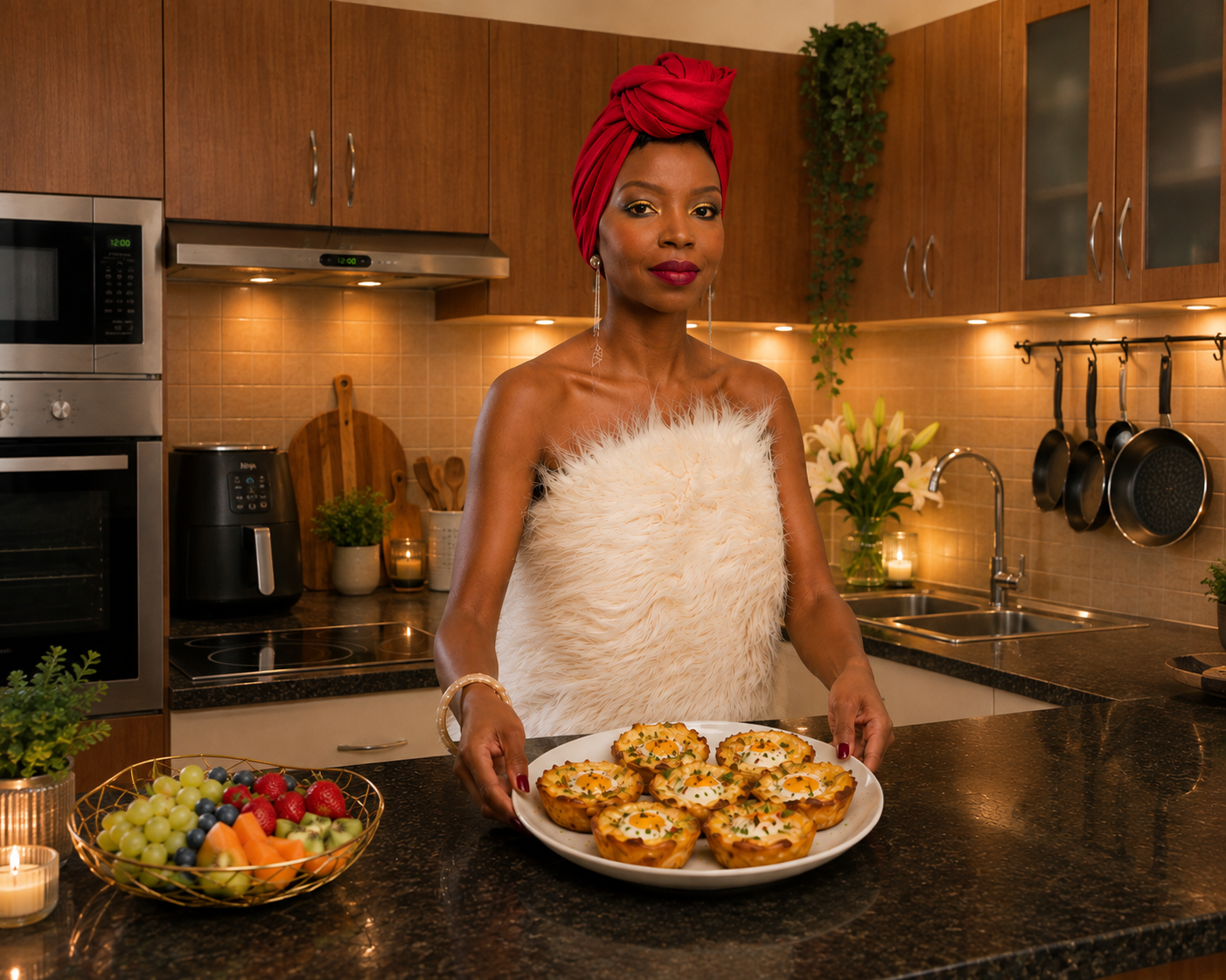 Lackie holding a plate of freshly made air fryer pastry cups in her kitchen